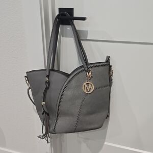Gray Shoulder Bag with Gold Hardware and Minimalist Design